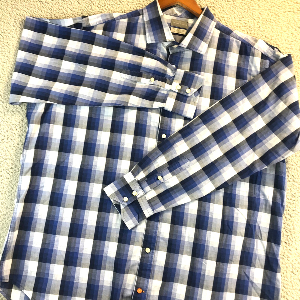 Thomas Dean Mens Long Sleeve Shirt Shirtmaker's Cloth 2XL White/Blues Plaid